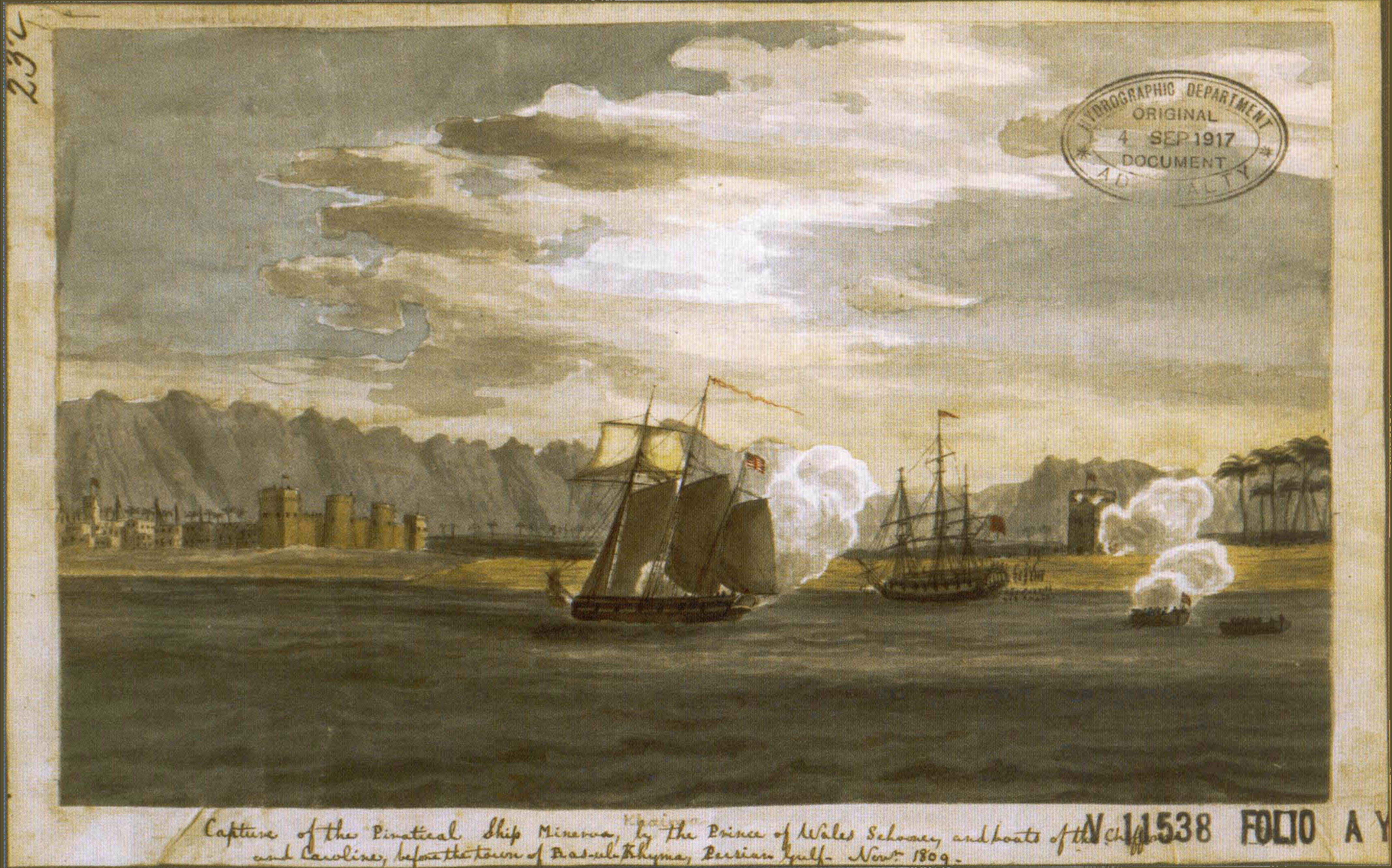 Original scan of the 1809 watercolour depicting the capture of the Minerva before Ras Al Khaimah, before restoration