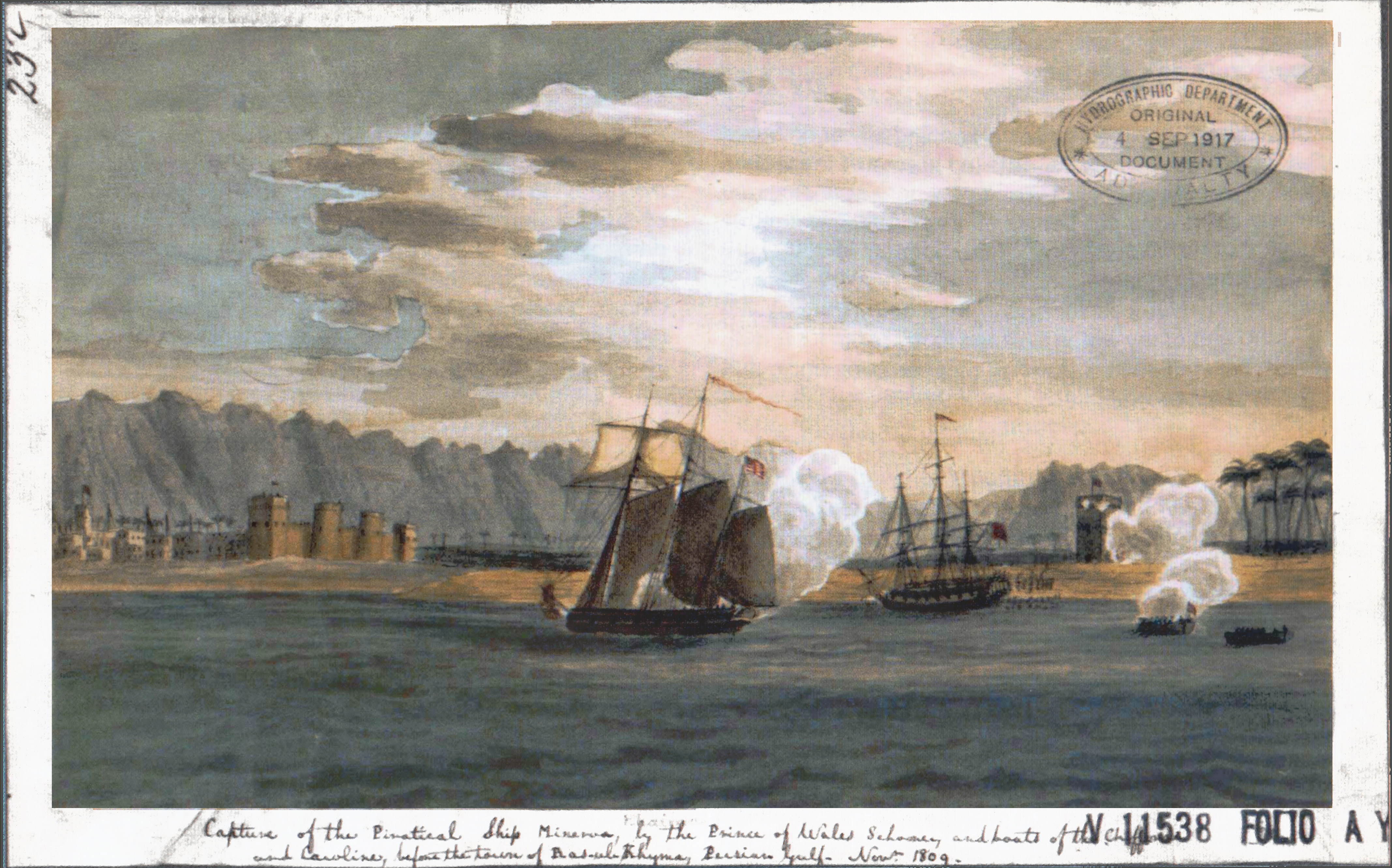 Restored 1809 watercolour depicting the capture of the piratical ship Minerva before the town of Ras Al Khaimah