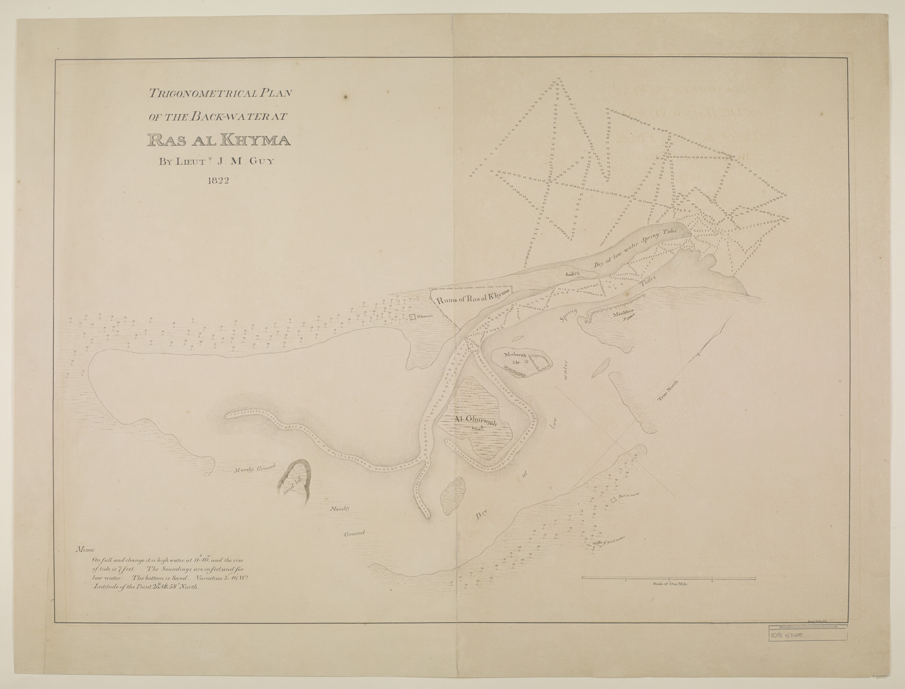Original scan of the 1822 Trigonometrical Plan of the Backwater at Ras Al Khaimah before restoration