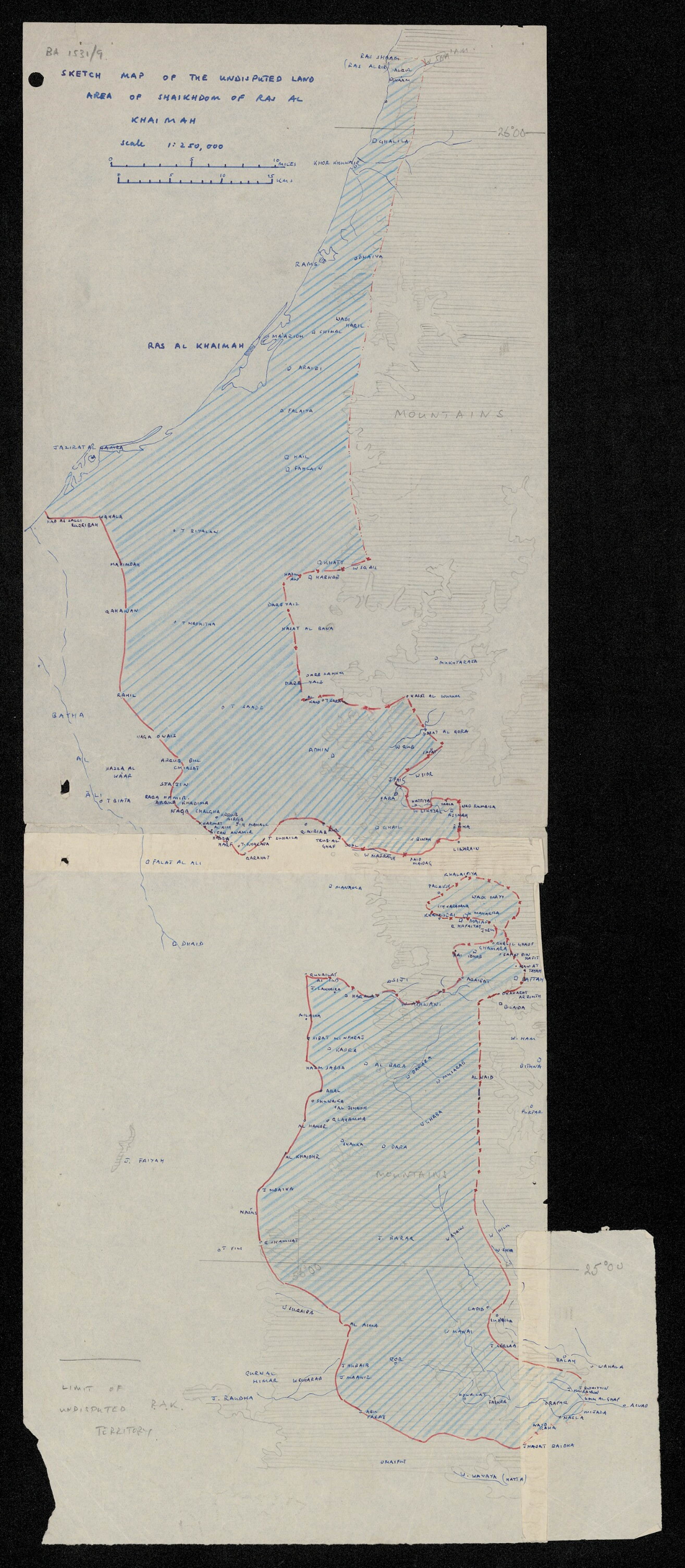 Original scan of the 1959 sketch map of the undisputed land boundary of the Sheikdom of Ras Al Khaimah before restoration