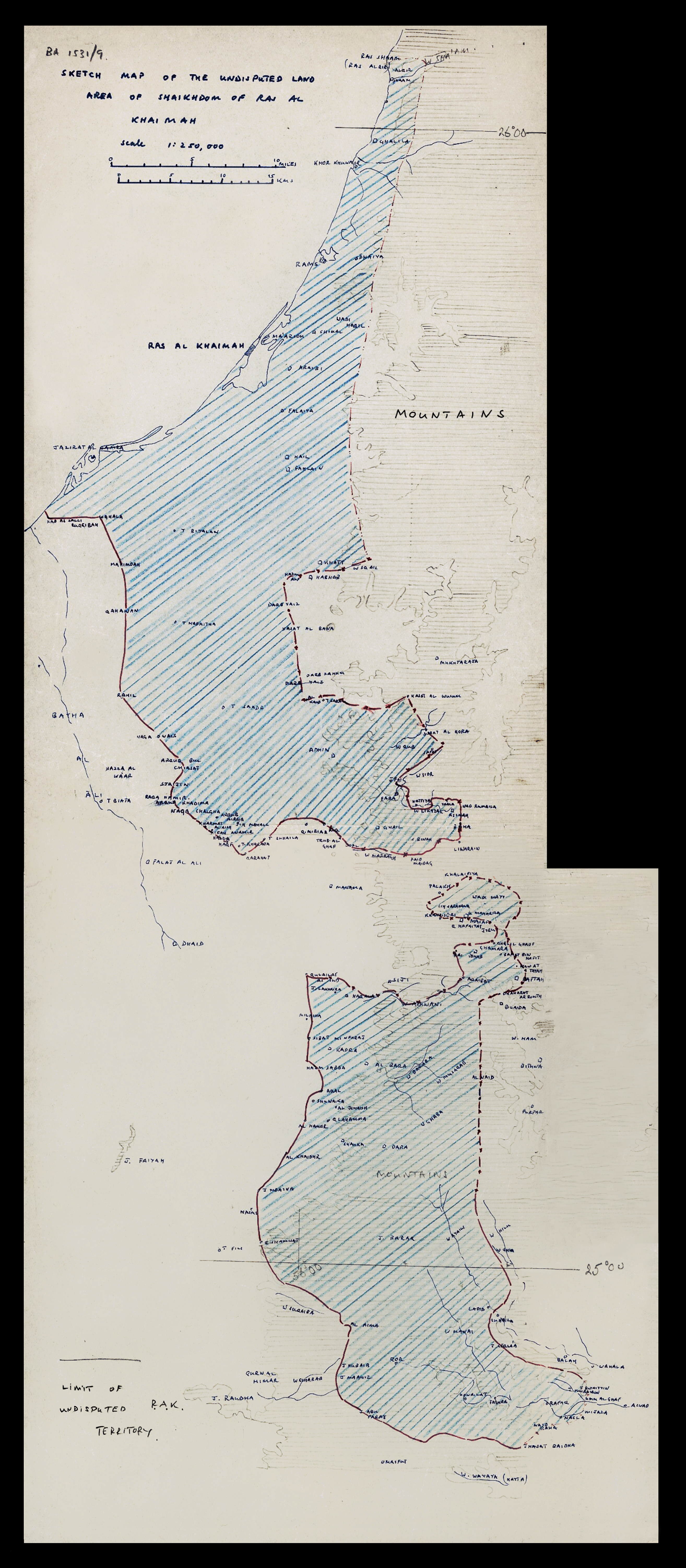 Restored 1959 sketch map of the undisputed land boundary of the Sheikdom of Ras Al Khaimah